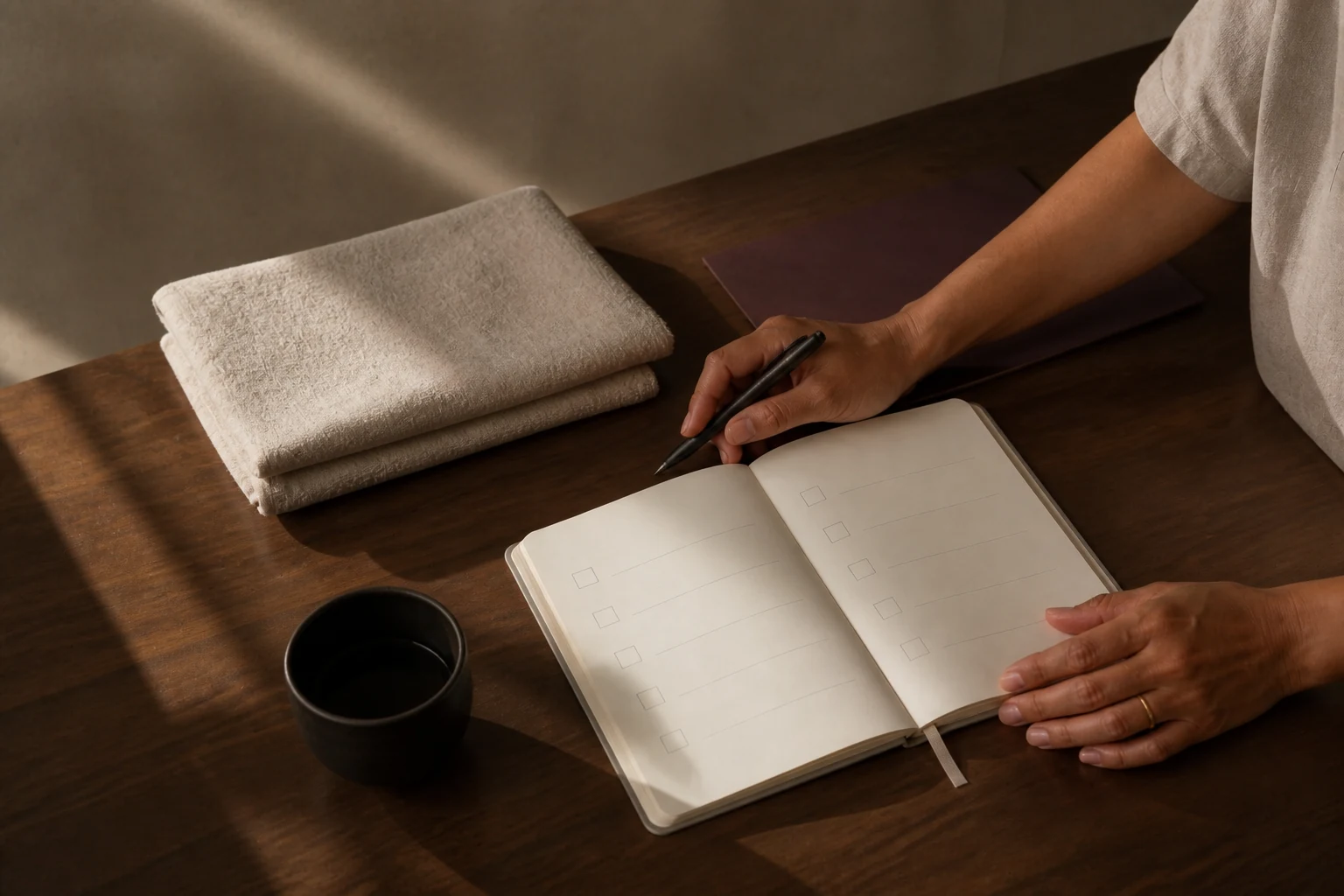 Hands recording post-treatment aftercare guidance beside folded linen