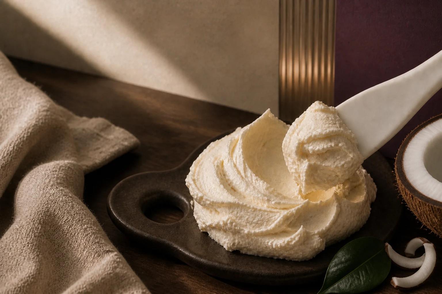 The airy whipped texture of botanical body butter beside fresh coconut