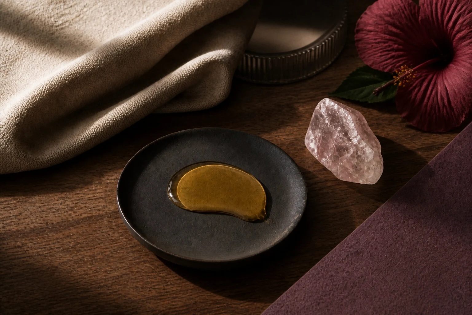 Golden botanical oil, rose quartz, and muted hibiscus arranged as a generalized crystal-blend visual