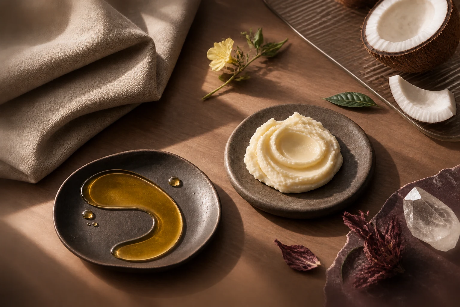 A botanical skincare ritual arranged with oil, body butter, primrose, coconut, hibiscus, linen, and quartz