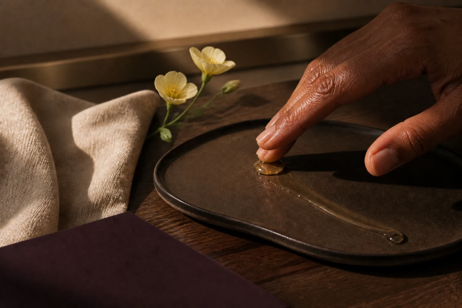 Golden botanical oil tested on a dark ceramic palette beside evening primrose