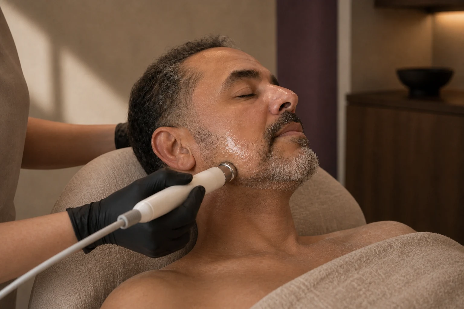 A radio frequency facial treatment along a client's jawline