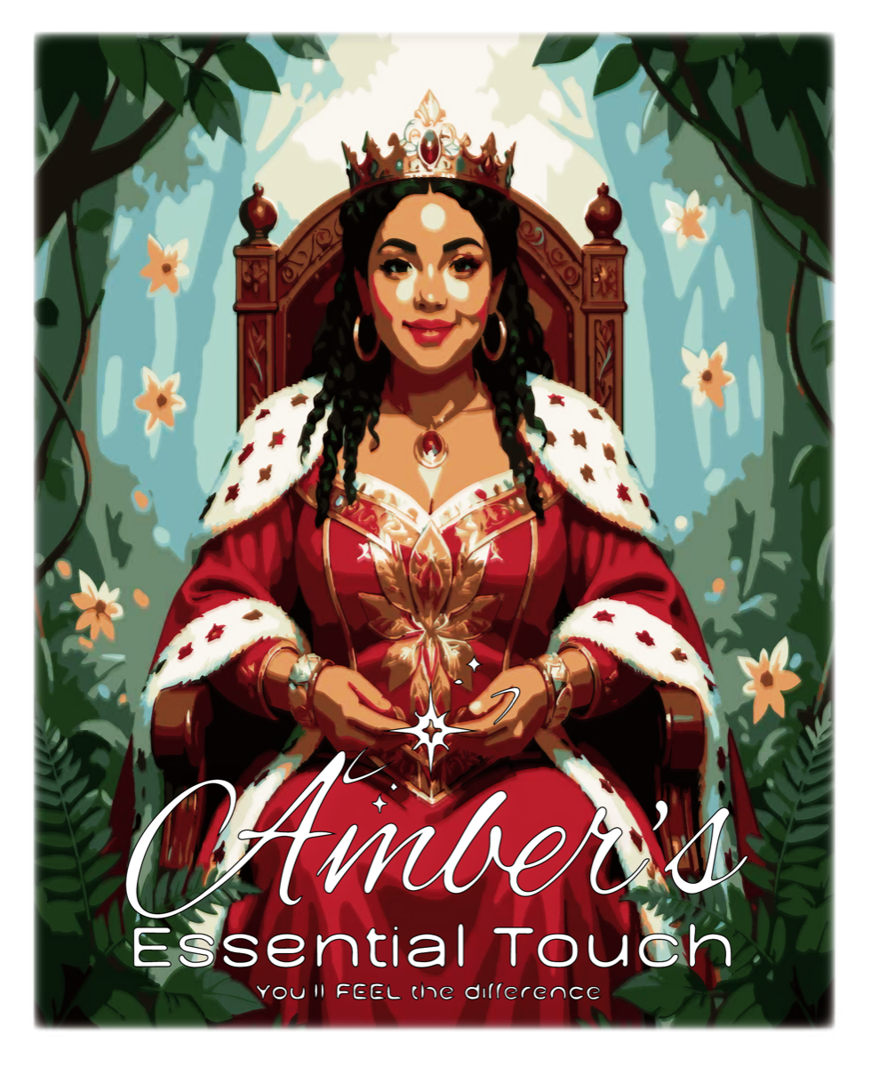 Amber's Essential Touch brand illustration — a regal figure seated among ferns and florals