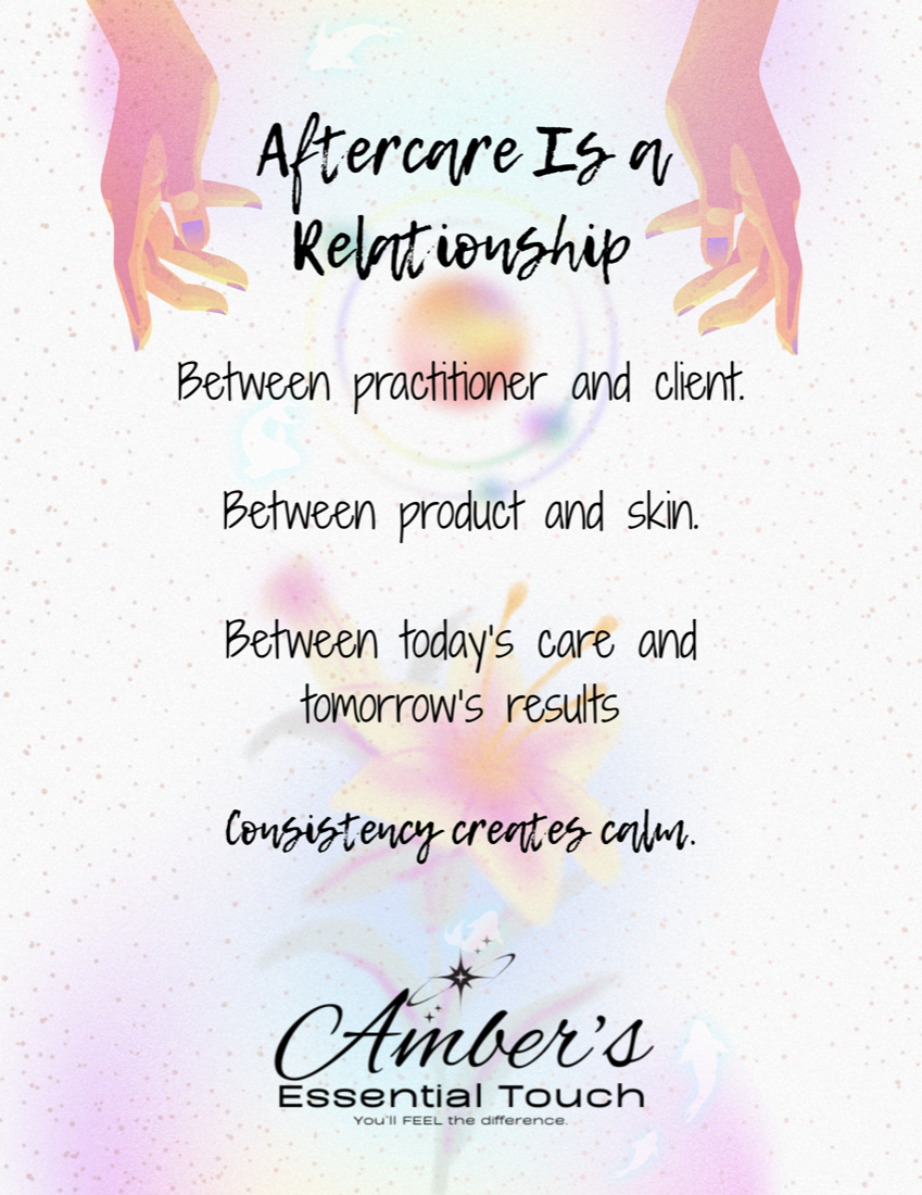 Brand card: Aftercare is a relationship — between practitioner and client, product and skin, today's care and tomorrow's results. Consistency creates calm.